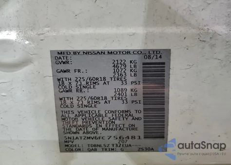 2015 Nissan Rogue S z USA, uszkodzony, nr VIN 5N1AT2MV6FC756481